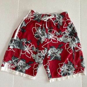 Men’s Arizona Swim Trunks Floral Pattern Red Sz Large Elastic Waist